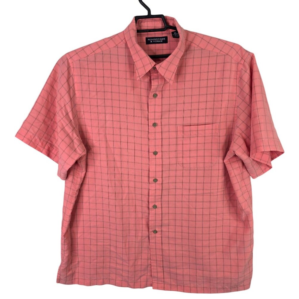 Mens Roundtree & Yorke Coral & Black Check Shirt Button Up Short Sleeve Size XL